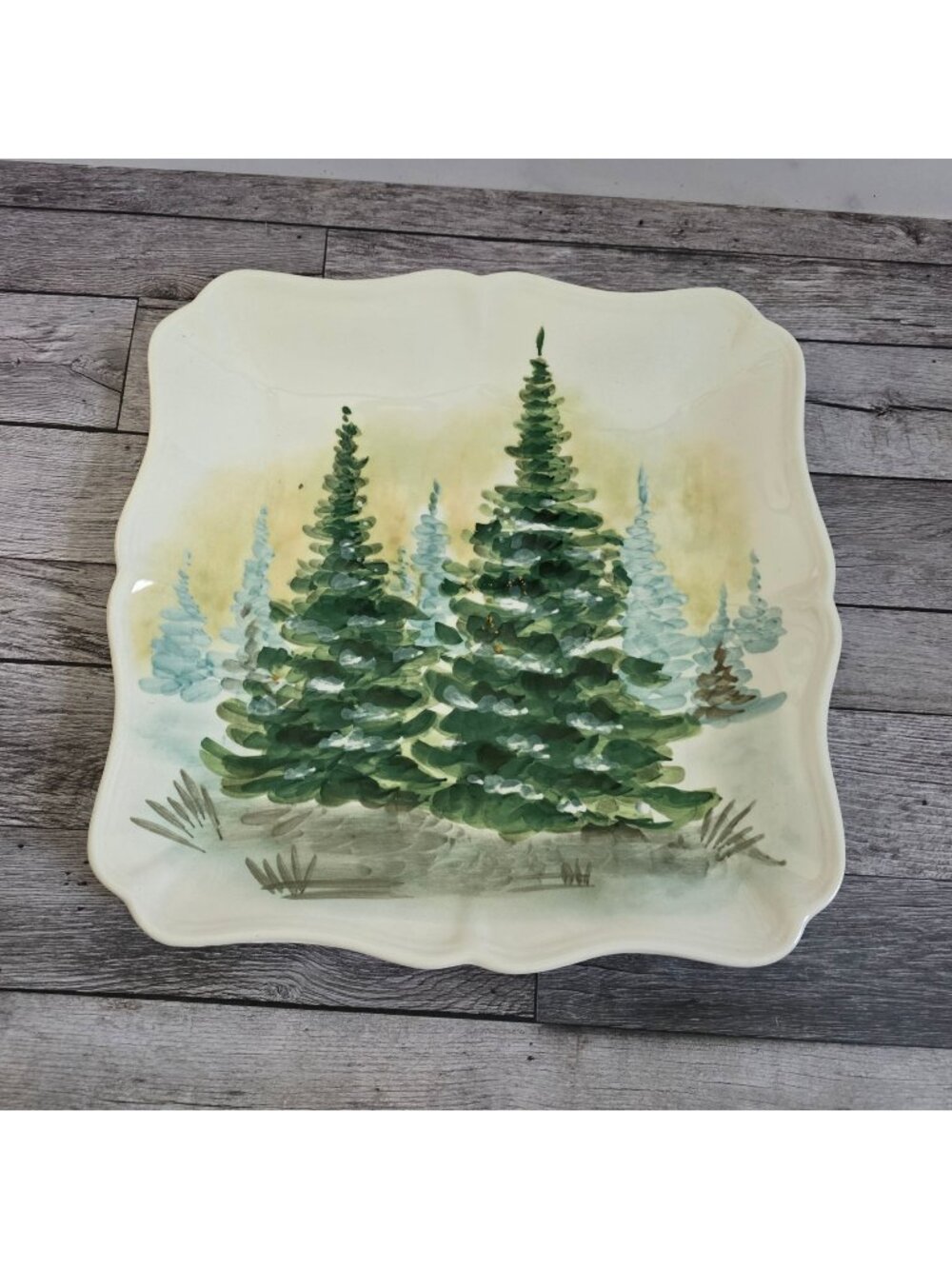 Maxcera Watercolor Forest Hand-Painted Evergreen Trees Square Ceramic Platter 12